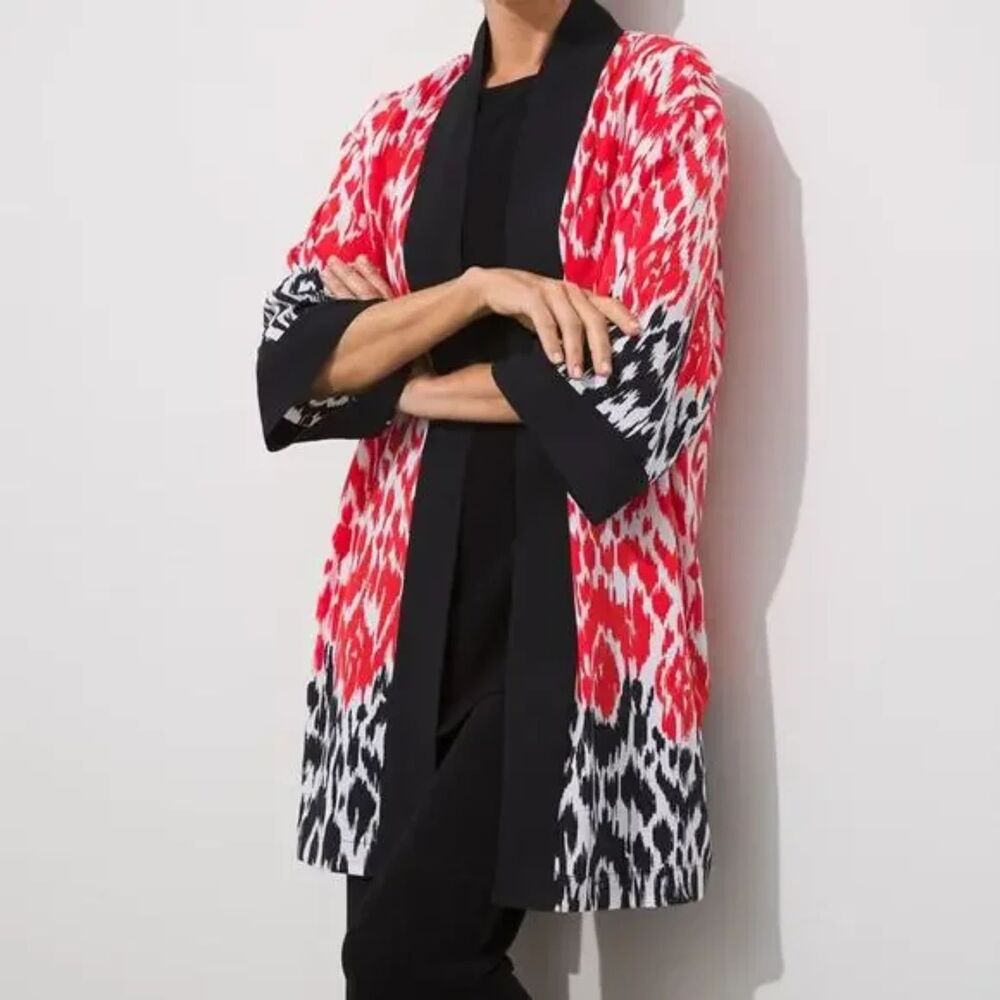 Chicos Travelers Duster Kimono Jacket Sm Md Artsy Ikat Red Black White‎ Open